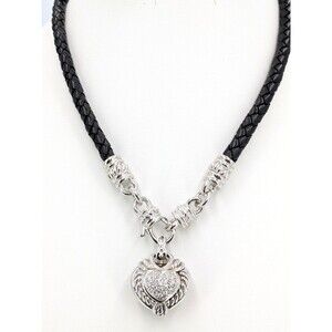 Judith Ripka 925 Heart Pendant Braided Leather Necklace Thailand 40g Signed JR